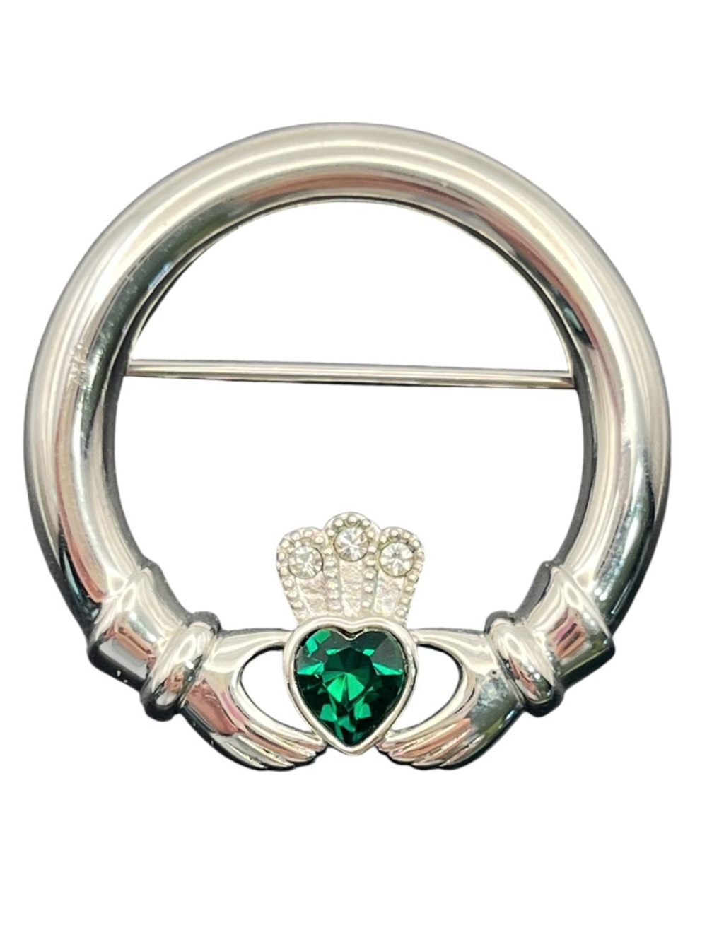 Solvar Irish Celtic Claddagh heart hands green rhinestone silver tone brooch pin